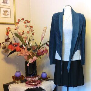 NWT Sandwich Till Blue Genuine Suede Leather Open Front Blazer Short Jacket 6 8